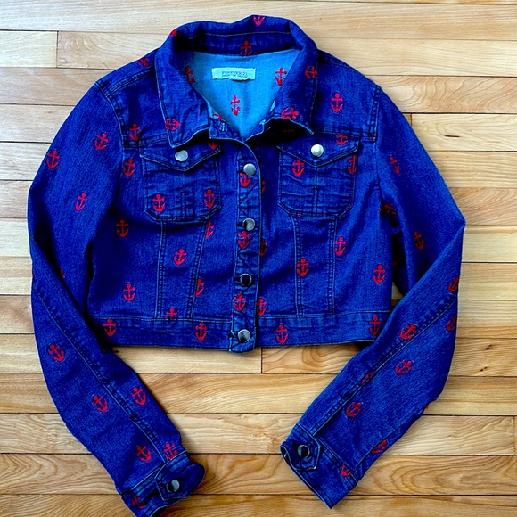 Forever 21 Jean Jacket Youth Girls Size Large Premium Denim with Anchors - Picture 1 of 12